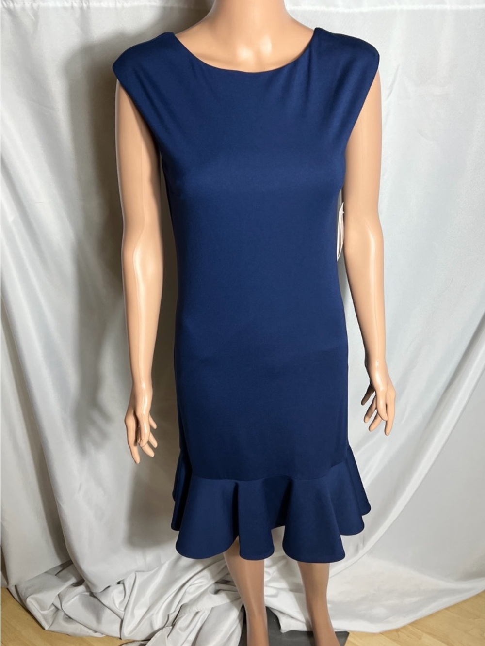 Halston Navy Ruffle Hem Midi Dress Cap Sleeve Back Zip Elegant S NWT
